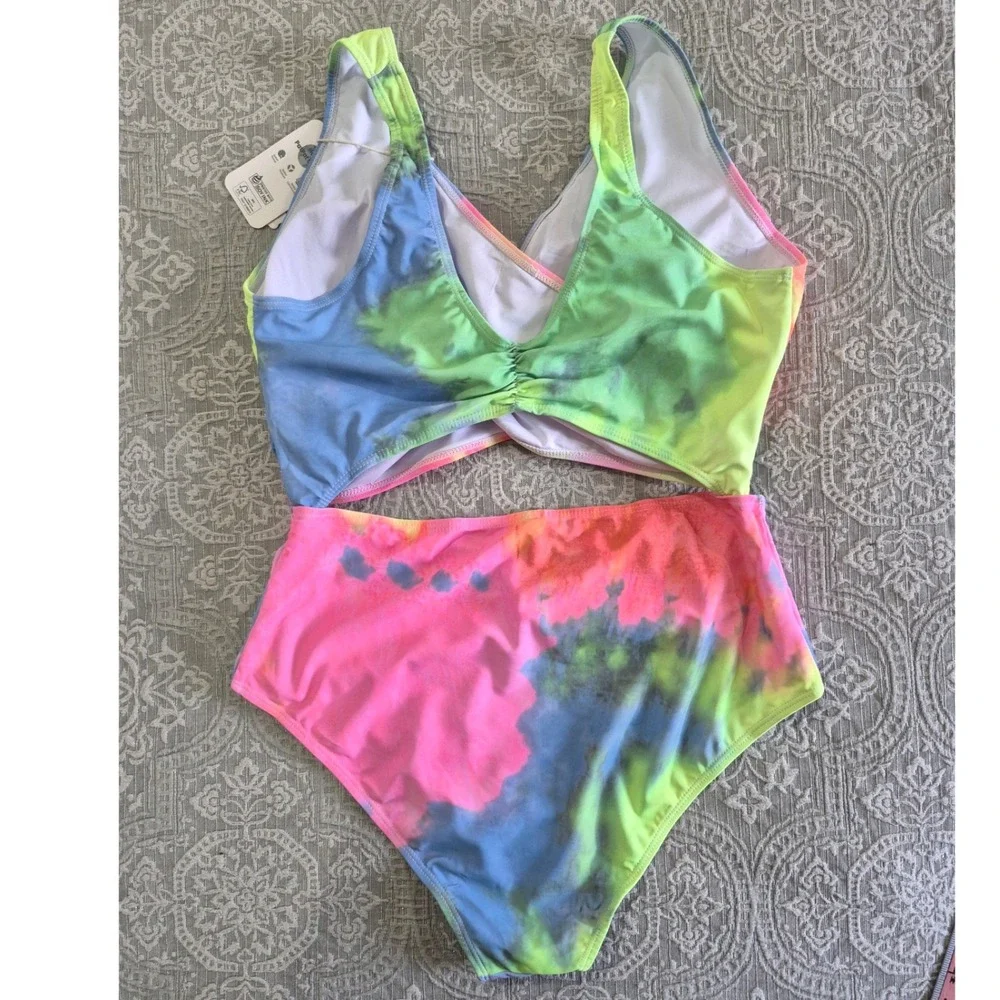 PatPat Womens Tie Dye High Waisted Two Piece Swimsuit Neon Pink Blue XL NWT - Picture 4 of 5
